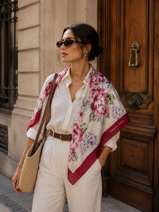 Umberto Sala Accessories - Umberto Sala Vintage Floral Silk Scarf Italy Burgundy Ivory Large Square 31"x30